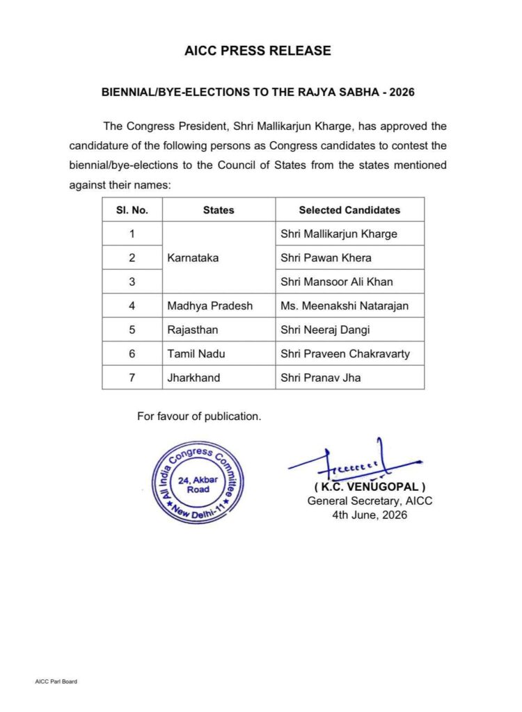 Congress General Secretary (Organization) KC Venugopal letter of the the list of Congress candidates for Rajyasabha Bye Election. 
