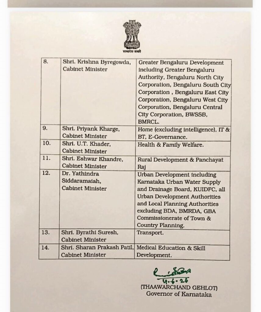 This is the notification from karnataka Governor to assign portfolio in CM DK Shivakumar government. 